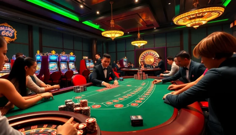 Exciting gambling scene at Hello88 with players at a casino table and vibrant slot machines.