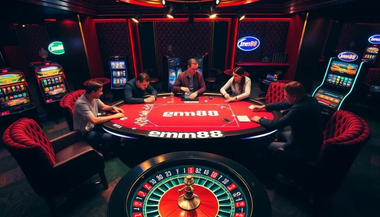 The mm88 poker table filled with high-stakes action, vibrant chips, and luxurious casino atmosphere.