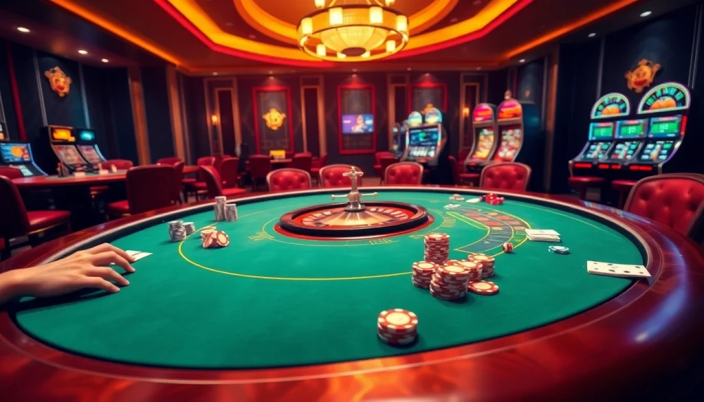Experience the excitement of Trang Chủ XX88 with a luxurious casino scene featuring poker tables and roulette.