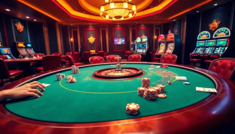Experience the excitement of Trang Chủ XX88 with a luxurious casino scene featuring poker tables and roulette.