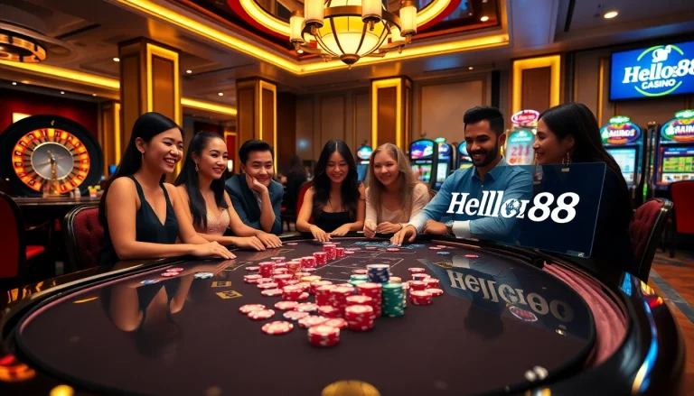 Hello88 casino scene with poker chips and cards creating an engaging gaming atmosphere.