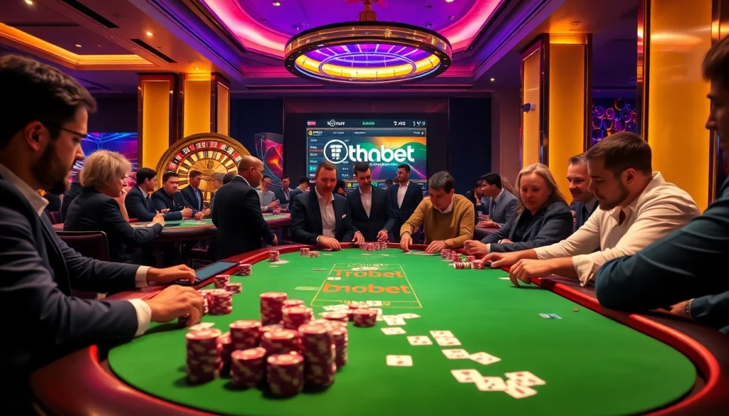 Exciting poker game at Thabet Casino with vibrant chips and cards in action.