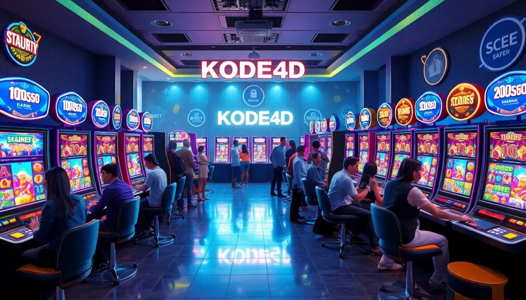 Situs kode4d vibrant gaming atmosphere showcasing online slot machines and players celebrating victories.