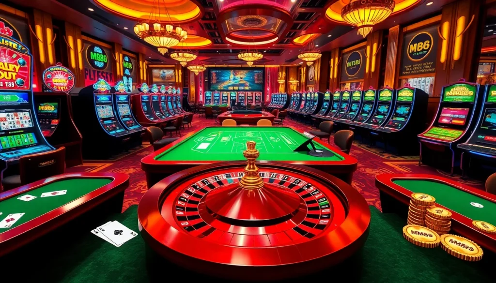 MM88 online casino scene with luxurious gaming tables, vibrant slot machines, and engaging roulette action.