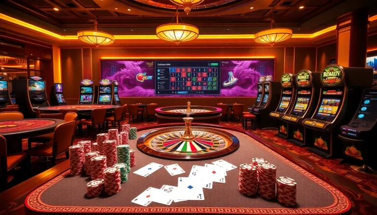 Experience excitement at QQ88z Net with vibrant casino tables, poker chips, and roulette wheels.