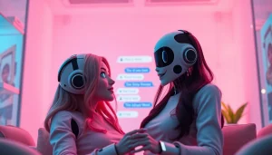 Interactive scene of sex AI chat with a playful chatbot character and user interface.