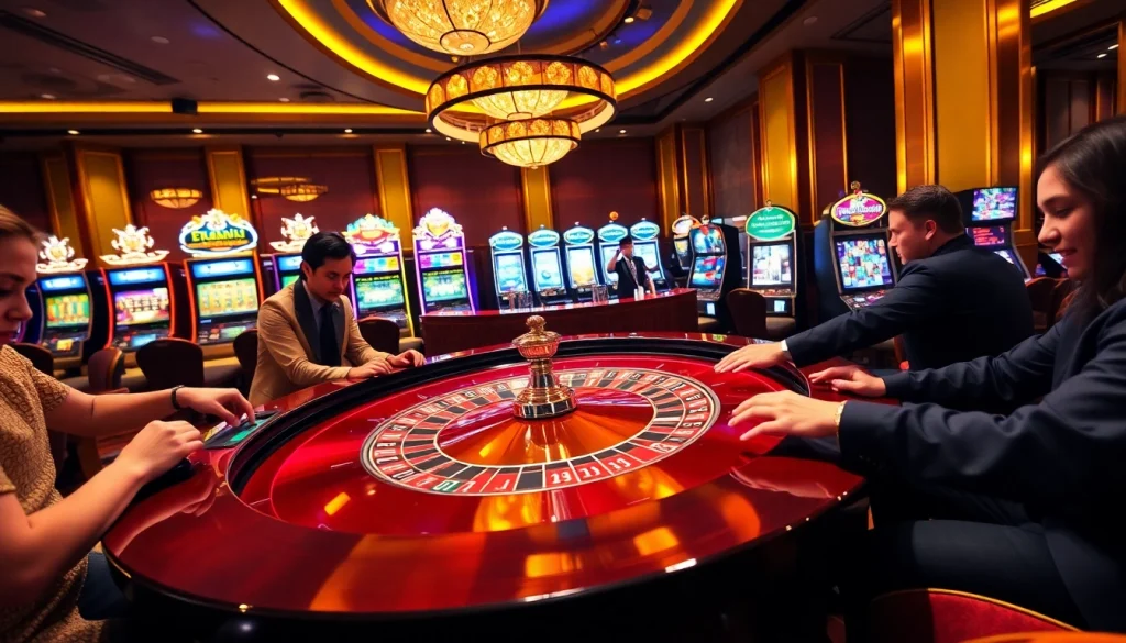 Players enjoying an exciting game at the 33win casino, featuring roulette and vibrant slot machines.