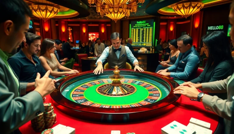 Players engaged in a thrilling roulette game at Hello88 casino, showcasing excitement and luxury.