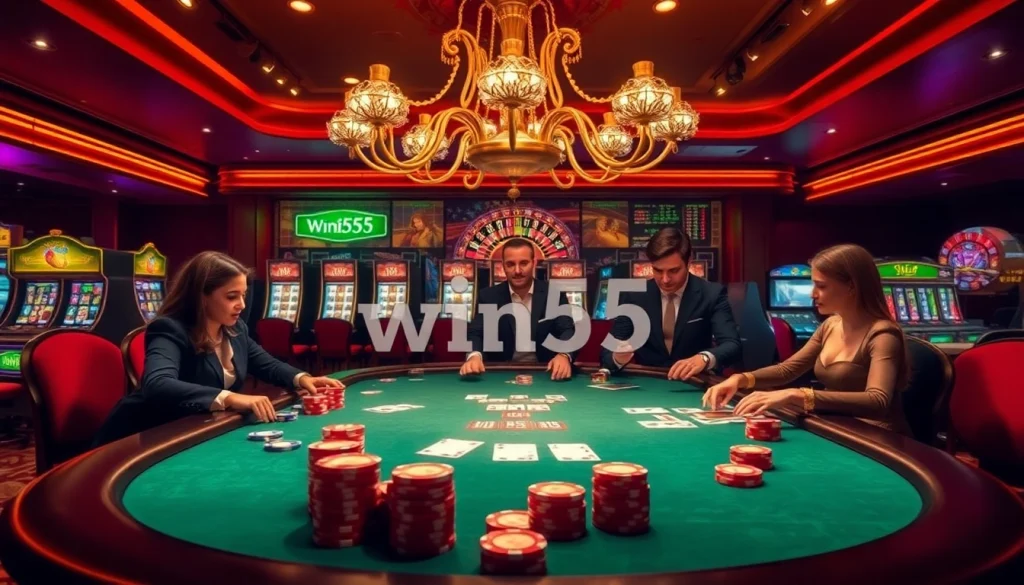 Experience the thrill of winning at the luxurious casino with win55 poker tables and slot machines.