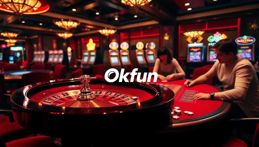 Engaging casino scene showcasing players enjoying games at Okfun, with vibrant roulette and poker tables.