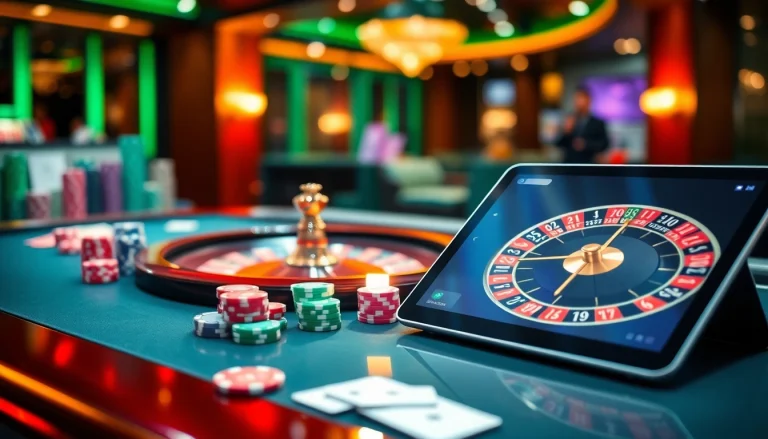 S8 casino table scene with vibrant chips, cards, and roulette wheel for thrilling online gaming.