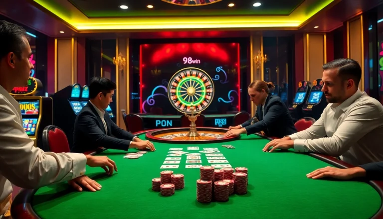 Experience the excitement of gambling at 98 win's vibrant casino tables, featuring poker and roulette games.