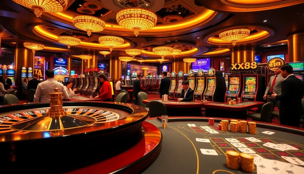 Exciting casino scene featuring xx88 logo with roulette, poker, and slot games.