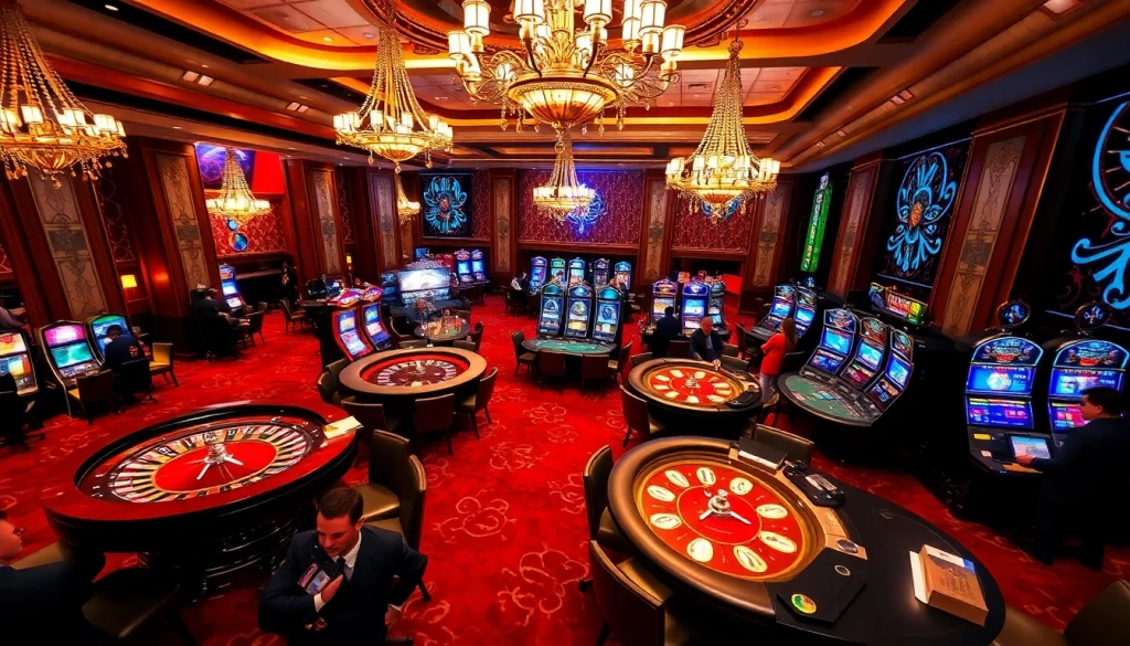 Experience the excitement of Okfun with players engaging in high-stakes casino games in a luxurious setting.