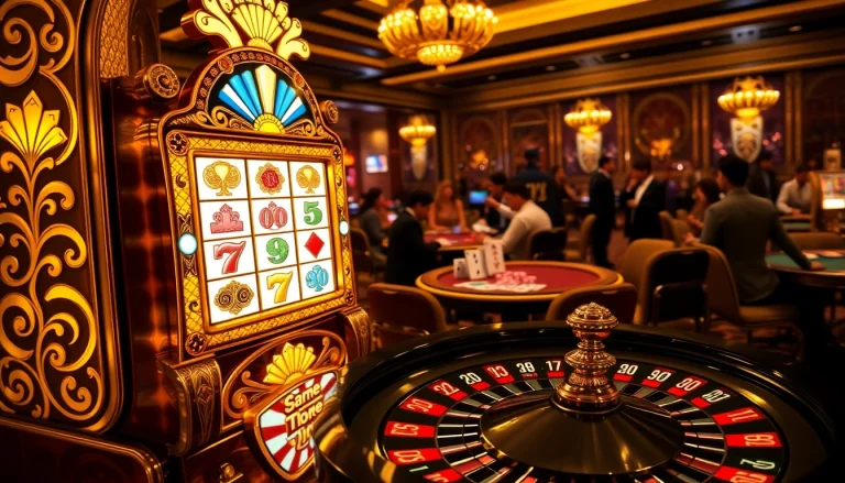 Exciting gameplay at a vibrant Game lc88 slot machine in a luxurious casino setting.