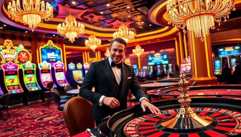 Players enjoying a thrilling gaming experience at go8.com, featuring diverse casino tables and vibrant slot machines.