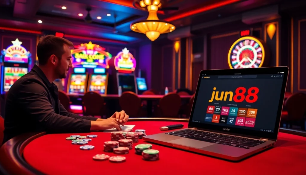 Experience thrilling action at jun88 com's luxurious casino tables with vibrant poker chips and cards.