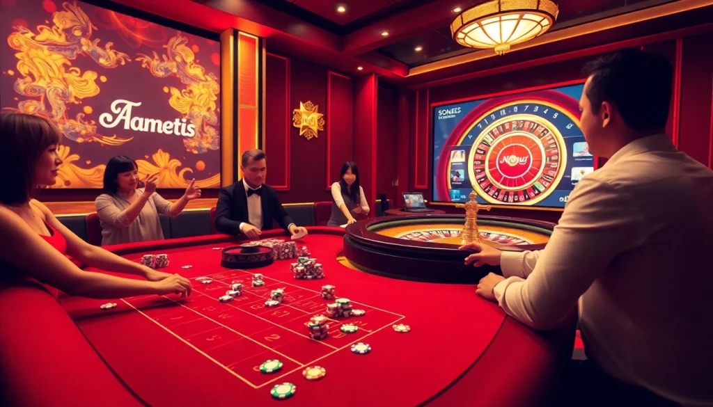 Players enjoying various games at Nohu online casino, surrounded by vibrant casino elements.