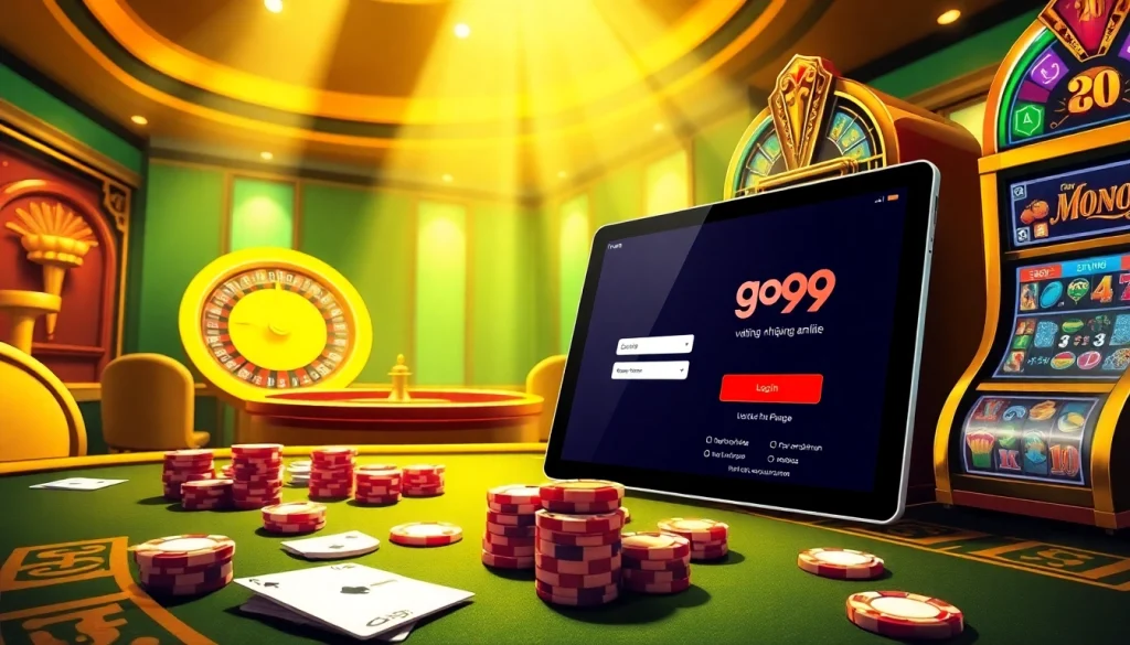 Experience the excitement of go99 đăng nhập with vibrant casino visuals, showcasing tables, cards, and online gaming.