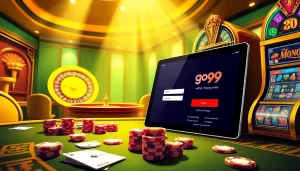Experience the excitement of go99 đăng nhập with vibrant casino visuals, showcasing tables, cards, and online gaming.