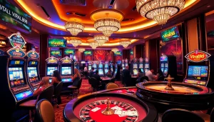 Engaging players enjoying vibrant casino games at viral88, featuring luxurious slot machines and roulette.