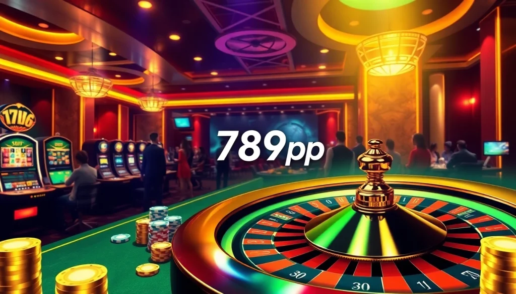 Feel the excitement of 789p as players engage with luxury casino elements like vibrant slot machines and poker tables.