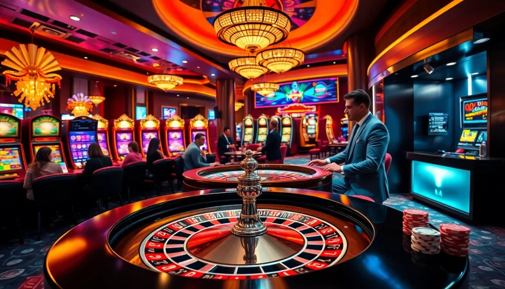 Exciting casino atmosphere with a migration agent in Brisbane guiding clients through the visa process amid games.