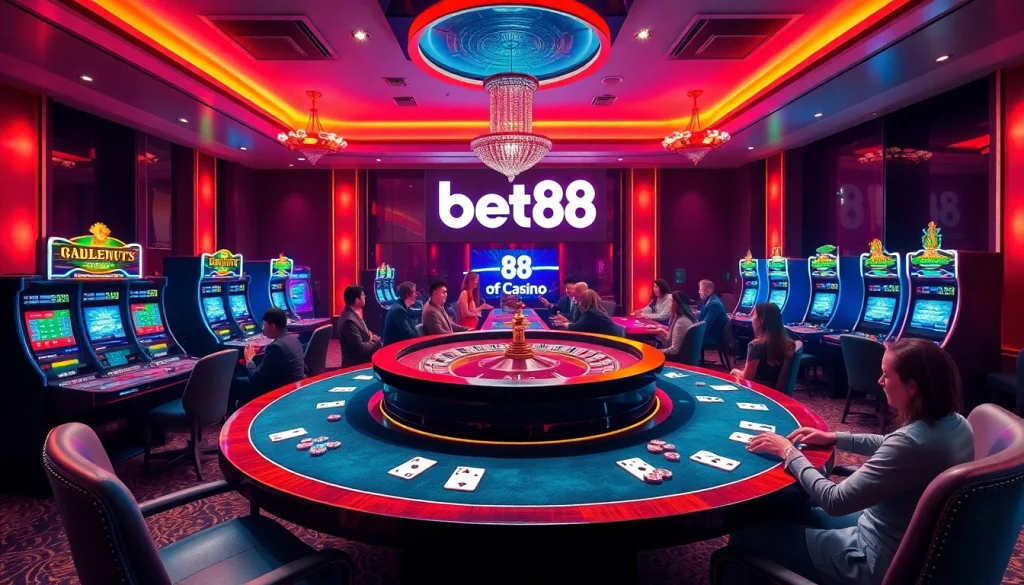Experience the thrill of bet88 casino with vibrant poker chips and roulette tables in an inviting gaming room.