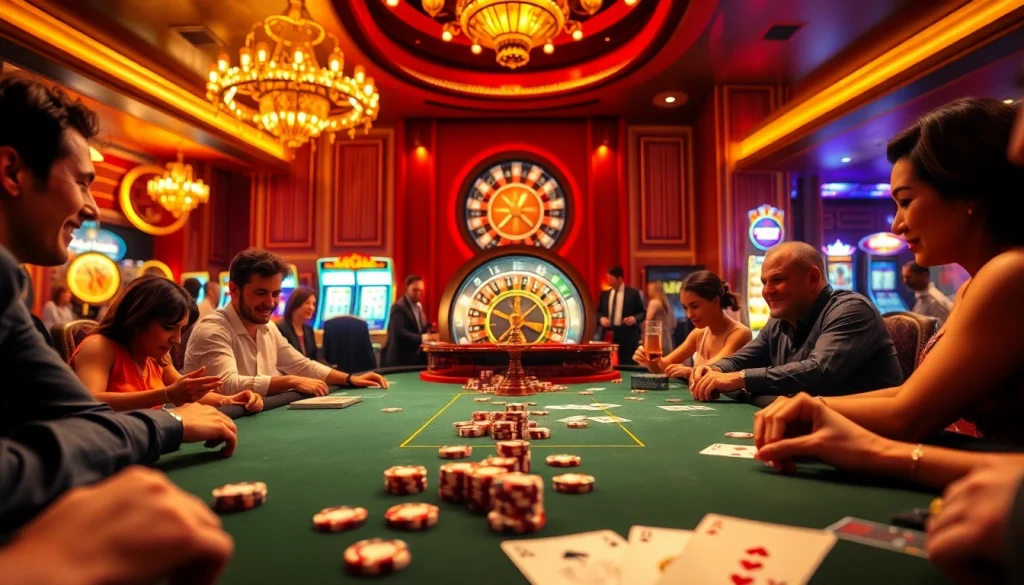 Game bài bom tấn players engaged in an intense poker match at a vibrant casino table.