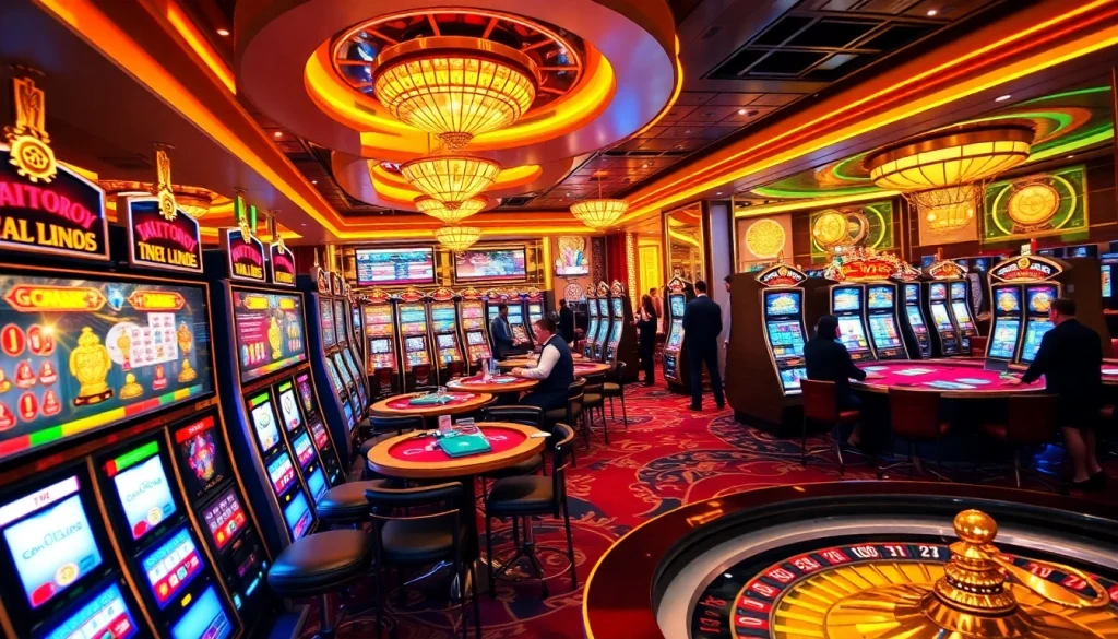 Gamblers enjoying vibrant games at GG88 Com casino with slot machines and poker tables.