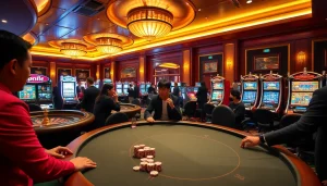 The game tt88 highlights vibrant casino tables with chips and roulette for an exciting gambling experience.