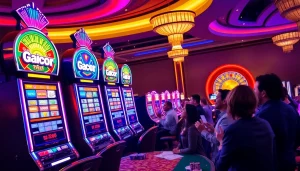 Players celebrating a gacor win at colorful slot machines in a luxurious casino setting.