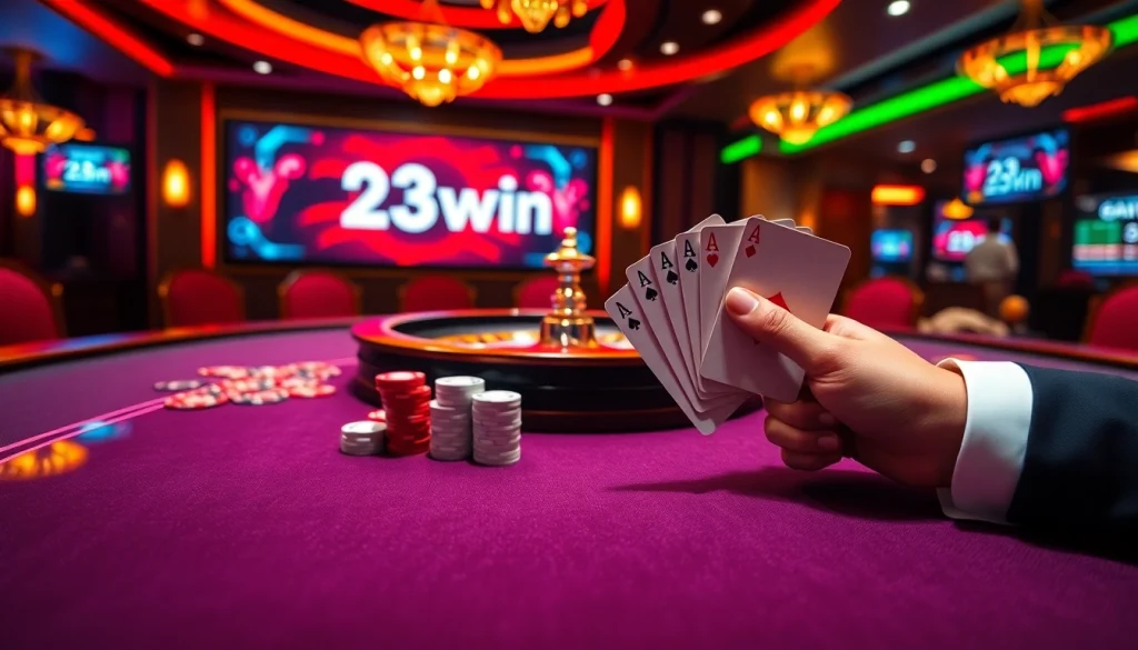 Experience the thrill of 23win châu á with a luxurious casino gaming table featuring poker chips and a roulette wheel.