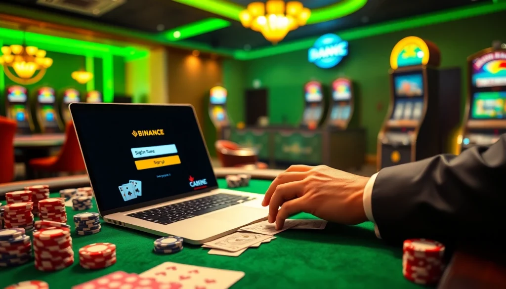 Engaging in 바이낸스 회원가입 registration surrounded by vibrant casino elements for an exciting atmosphere.