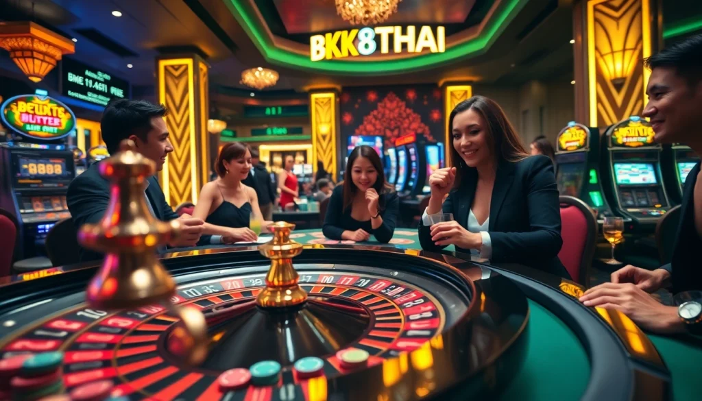 Players thrilled by the BK8THAI casino experience, featuring vibrant tables and a spinning roulette wheel.