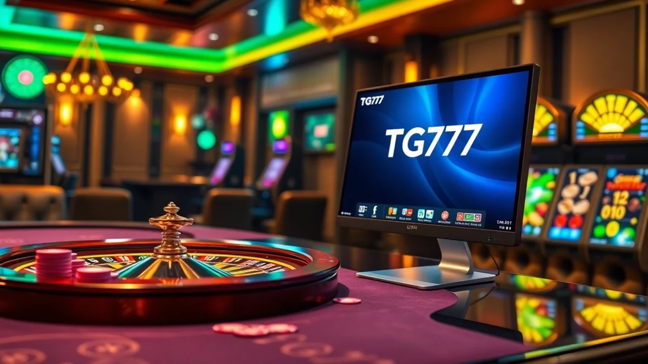 TG777 gaming interface displayed with vibrant slot machines and a roulette wheel.