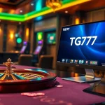 TG777 gaming interface displayed with vibrant slot machines and a roulette wheel.
