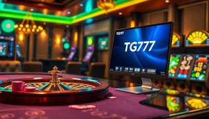 TG777 gaming interface displayed with vibrant slot machines and a roulette wheel.
