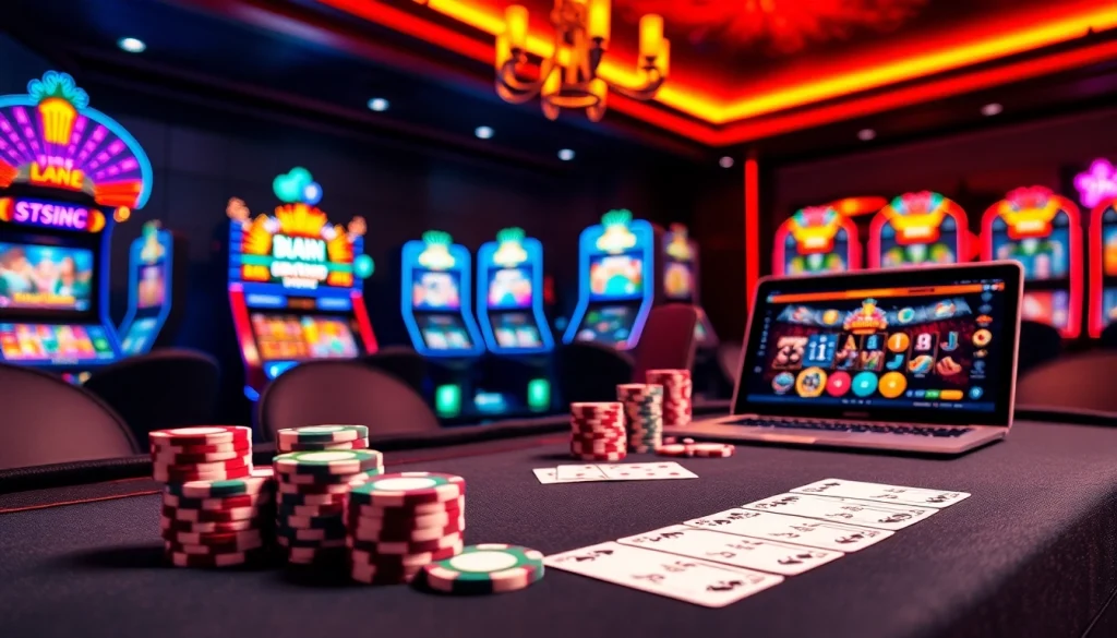 Experience the thrill of gambling with https://bl555.black showcasing poker chips and casino tables.