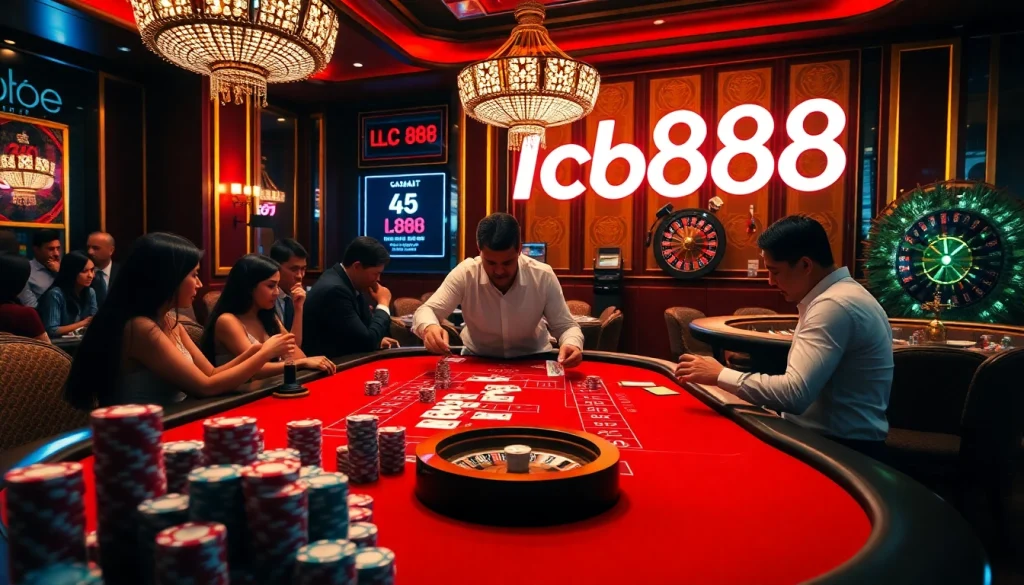 Engaged players place bets at an elegant baccarat table, emphasizing lc888's thrilling casino experience.