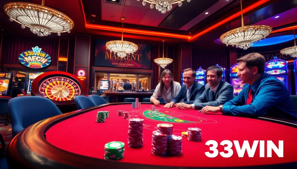 33WIN poker players strategizing at a high-stakes table in a luxurious casino setting.