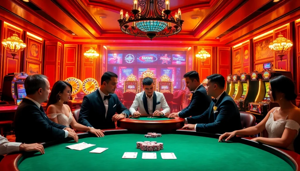 Nạp tiền 68win with players strategizing at a luxurious casino table filled with chips and cards.