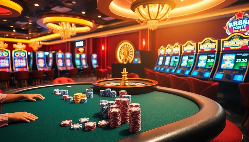 Experience the thrill of RR88 at a luxurious casino, featuring a poker table, roulette wheel, and vibrant slot machines.