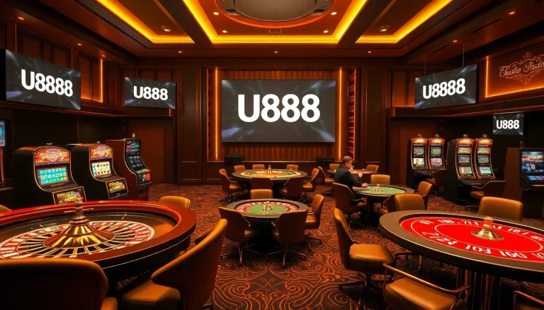 Players enjoying games at U888 online casino, showcasing excitement and luxury with vibrant casino elements.