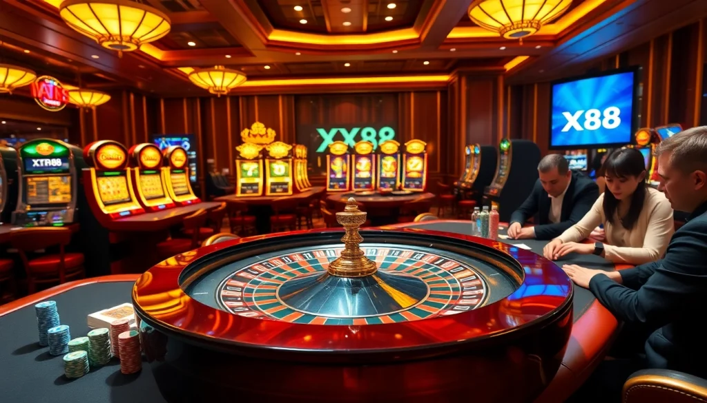 Players enjoying a thrilling game at a luxurious XX88 casino with poker tables and roulette.
