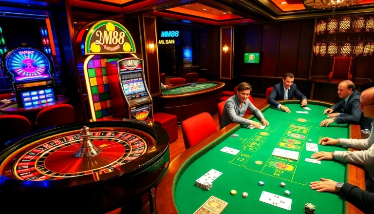 Experience the thrill of gaming at MM88, featuring colorful casino tables and vibrant gaming elements.