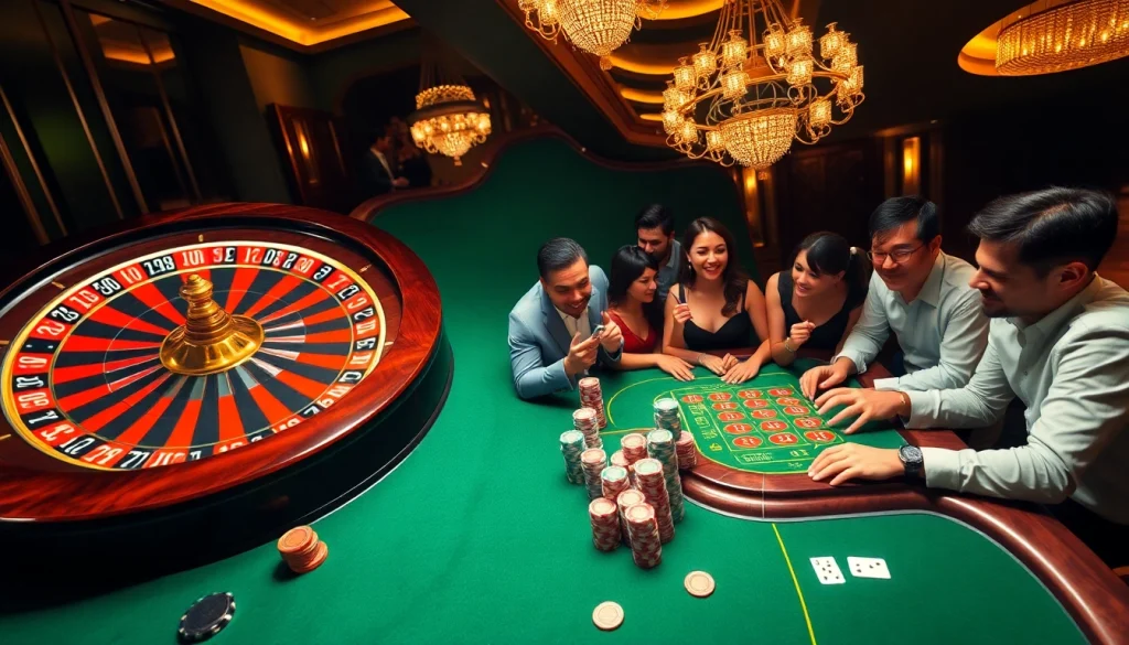 Players celebrating a win at https://c168.it.com casino scene with roulette, poker chips, and excitement.