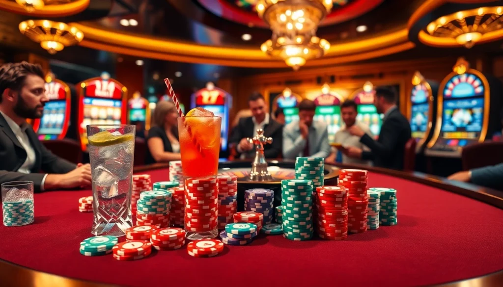 תצפית מוגבהת על שולחן פוקר בקזינו שבו השחקנים מניחים את ההימור שלהם, צ'יפים צבעוניים ומשקאות המשפרים את האווירה.