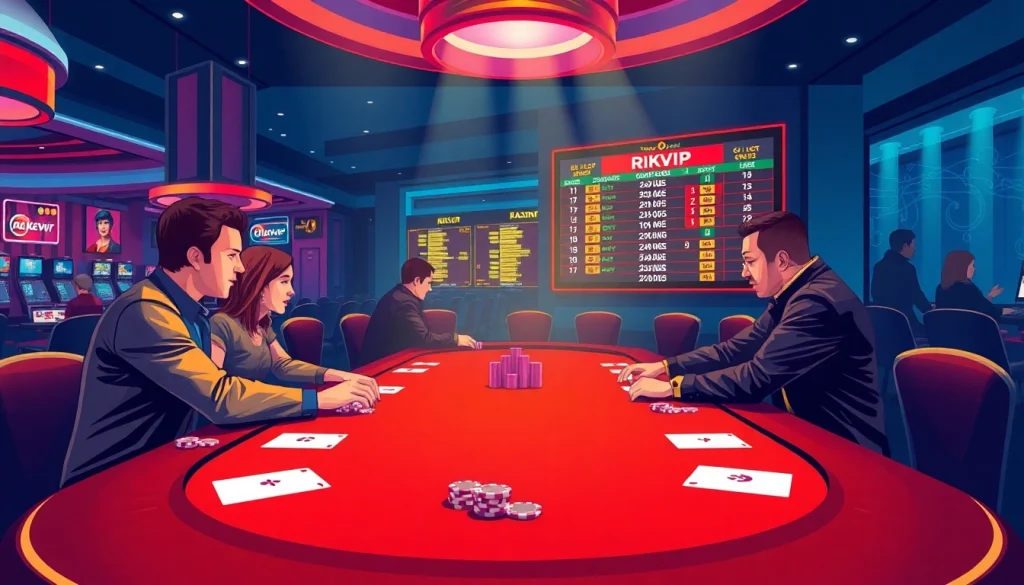 Players immersed in a thrilling poker game at a luxurious casino featuring Rikvip elements.