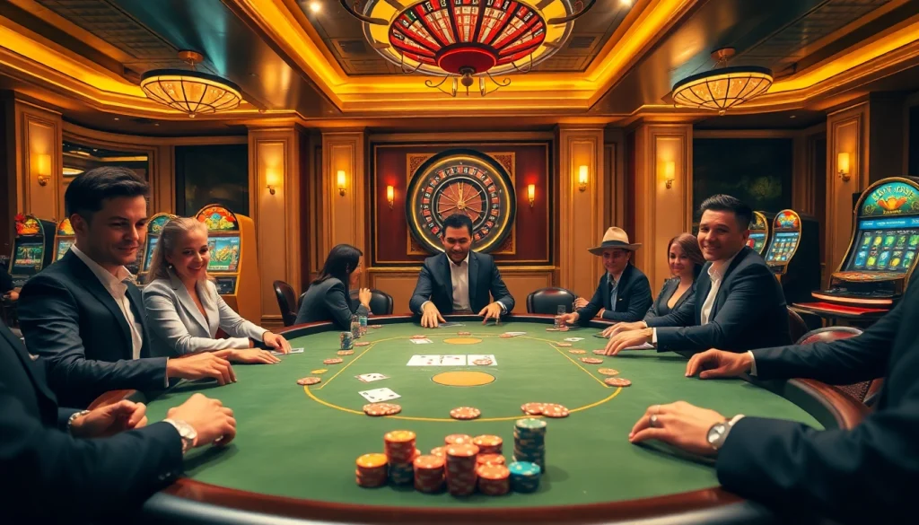 Experience the thrill of 688v with players engaged at an exciting poker table in a luxurious casino.